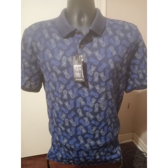 New Van Heusen Polo Shirt Men's Large L Blue Slim Fit Never Tuck Pineapple Print - Picture 1 of 13